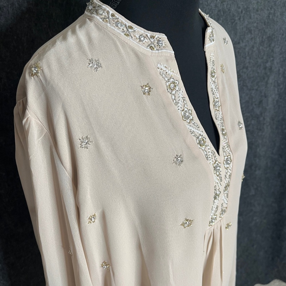 Chicos Beaded Boho Tunic Blouse Beige Champagne Sequin Top Size 3 XL 16/18 - Picture 6 of 8